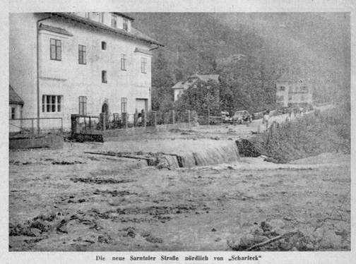 Throwback: Nach einem Wolkenbruch am 8. August 1957 brachte der Fagenbach, der von Jenesien herabfließend Bozen am oberen Ende der Cadornastraße und Fagenstraße erreicht, große Mengen an Schlamm und Geröll in die Stadt. (Archivbild: LPA/Landeswarnzentrum in der Agentur für Bevölkerungsschutz)