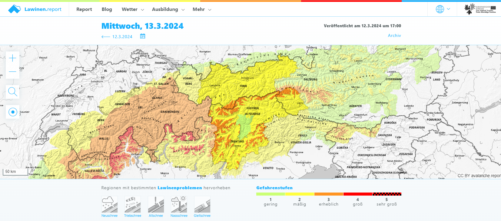 Valanghe.report: home page con la distribuzione del grado di pericolo sulle Alpi (Grafico: valanghe.report)