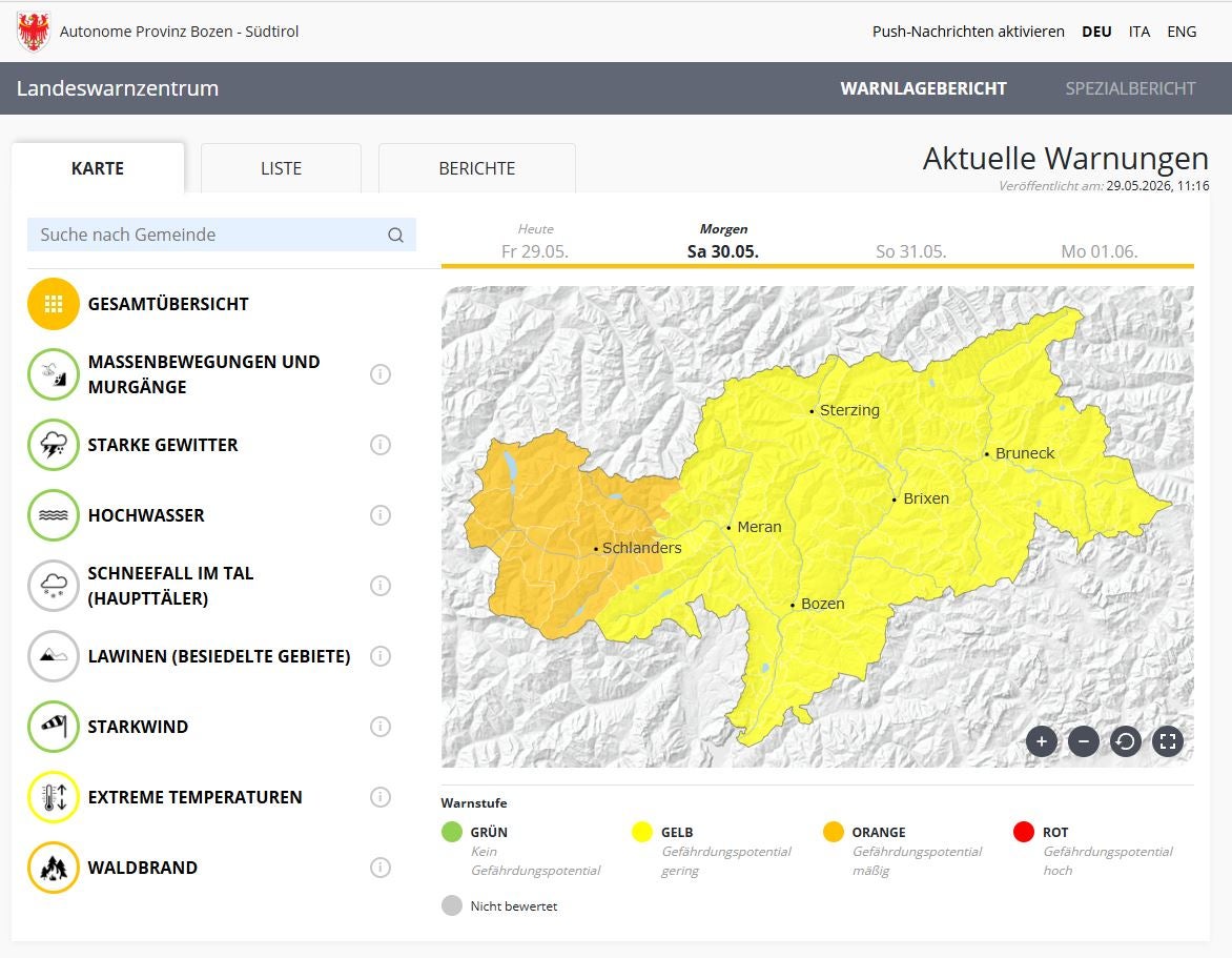 Der Warnlagebericht weist für die kommenden Tage die zweithöchste Warnstufe Orange für Gefährdungspotential durch Waldbrand im Vinschgau an. (Quelle: Warnlagebericht des Landeswarnzentrums in der Agentur für Bevölkerungsschutz)