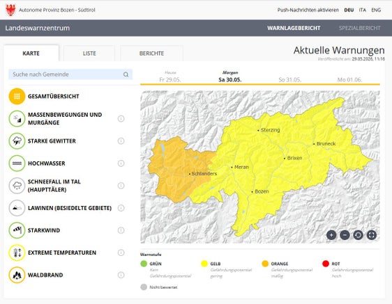 Der Warnlagebericht weist für die kommenden Tage die zweithöchste Warnstufe Orange für Gefährdungspotential durch Waldbrand im Vinschgau an. (Quelle: Warnlagebericht des Landeswarnzentrums in der Agentur für Bevölkerungsschutz)