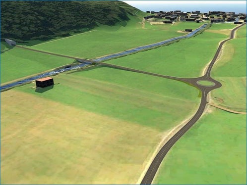 Un nuovo canale scolmatore a est di San Candido deve deviare l’acqua dal Rio Sesto nella Drava. Nella immagine si può vedere l’opera di restituzione che reimette l’acqua nella Drava, con il nuovo svincolo stradale per il traffico diretto a Sesto (Rendering: Ufficio sistemazione bacini montani Est dell'Agenzia per la Protezione civile) 