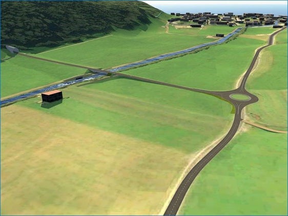 Ein neuer Entlastungstollen östlich von Innichen soll das Wasser des Sextner Baches in die Drau ableiten; im Bild das Projekt mit der geplanten neuen Straßenverbindung nach Sexten (Rendering: Landesamt für Wildbach- und Lawinenverbauung Ost in der Agentur für Bevölkerungsschutz)