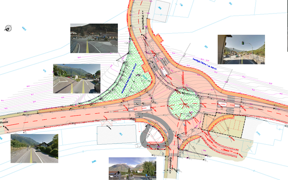 Wegen des geringen Kulturgrundverbrauchs wurde der Lösung mit Kreisverkehr (Außendurchmesser 36 Metern) an der Position der heutigen Kreuzung der Vorzug gegeben. (Grafik: LPA/Amt für Straßenbau West)