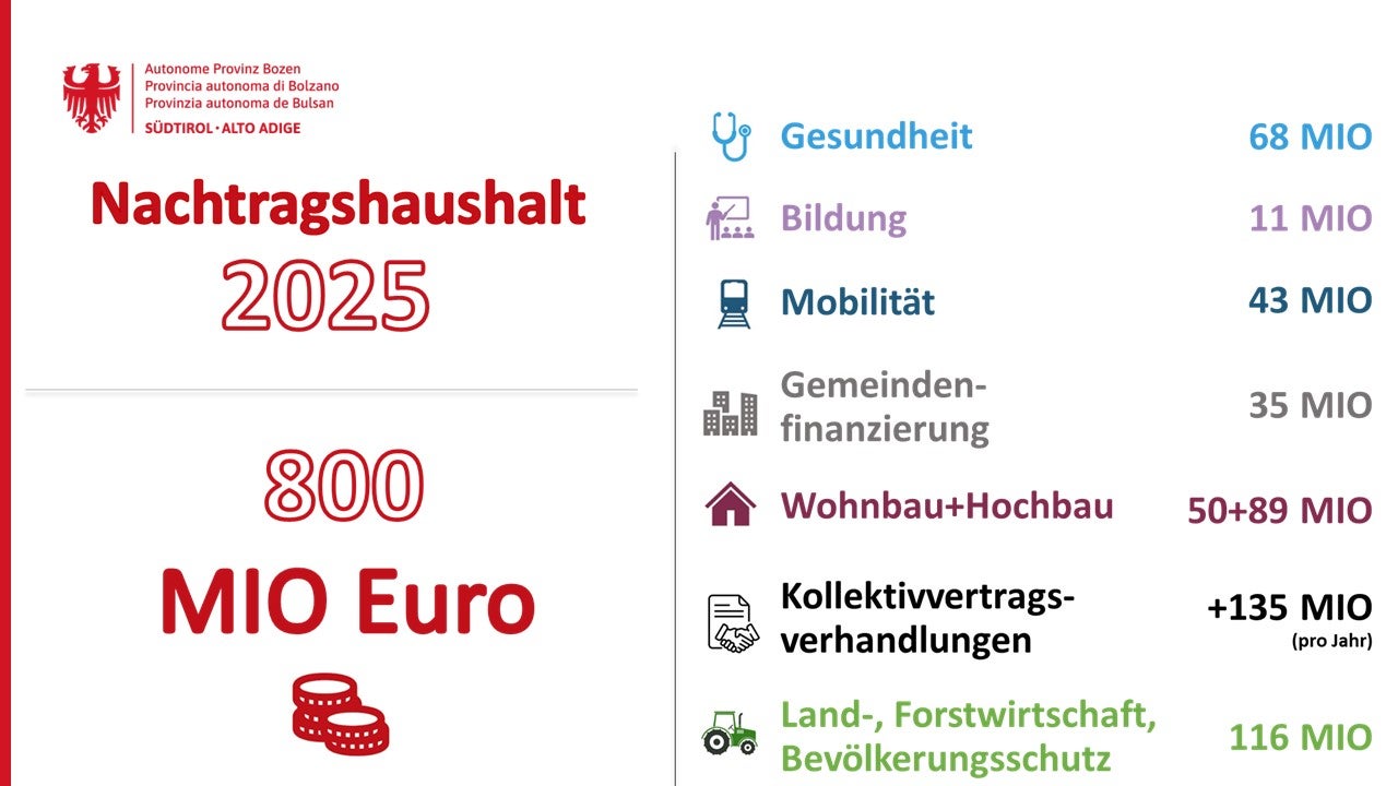 Über den Nachtragshaushalt werden insgesamt 800 Millionen Euro auf unterschiedliche Bereiche aufgeteilt. (Infografik: LPA)