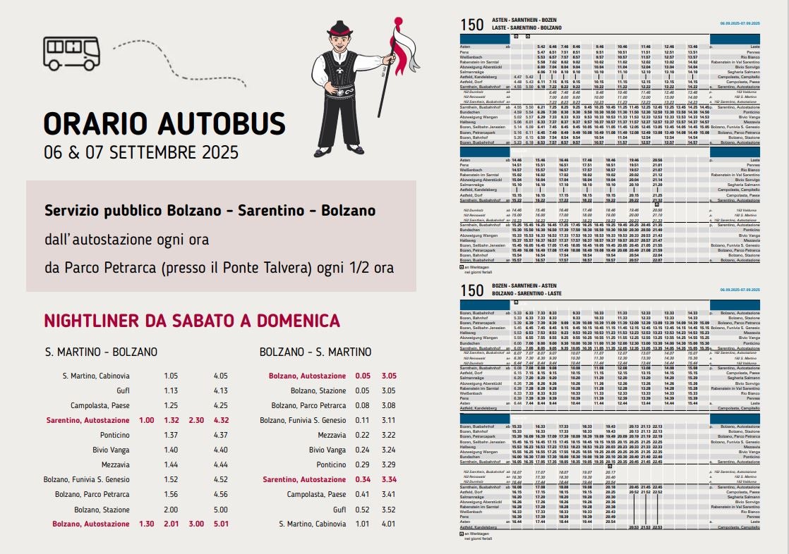 Nei due giorni della festa, i mezzi che collegano Bolzano a Sarentino saranno più frequenti del solito, con partenze alternate tra la stazione degli autobus di Bolzano e il Parco Petrarca nei pressi di Ponte Talvera. Inoltre, è previsto un servizio nightliner la notte tra sabato e domenica. (Foto: USP/Dipartimento Infrastrutture e Mobilità)