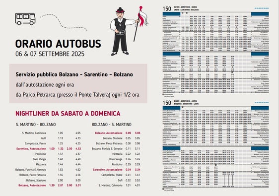 Nei due giorni della festa, i mezzi che collegano Bolzano a Sarentino saranno più frequenti del solito, con partenze alternate tra la stazione degli autobus di Bolzano e il Parco Petrarca nei pressi di Ponte Talvera. Inoltre, è previsto un servizio nightliner la notte tra sabato e domenica. (Foto: USP/Dipartimento Infrastrutture e Mobilità)