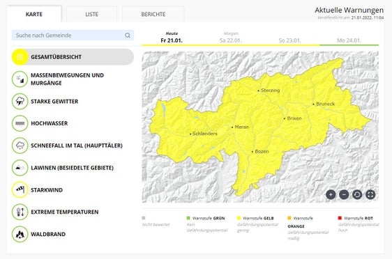 Die Warnstufe Gelb für Starkwind macht heute und morgen auf ein geringes Gefahrenpotential in ganz Südtirol aufmerksam. (Quelle: Warnlagebericht des Landeswarnzentrums der Agentur für Bevölkerungsschutz)