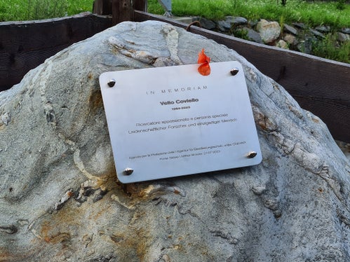 Im Zuge der Exkursion wurde auch diese Gedenktafel an der Pegelmessstation Stilfser Brücke enthüllt, zum Gedenken an den im April tödlich verunglückten Forscher Velio Coviello. (Foto: LPA/Christoph Oberschmied)