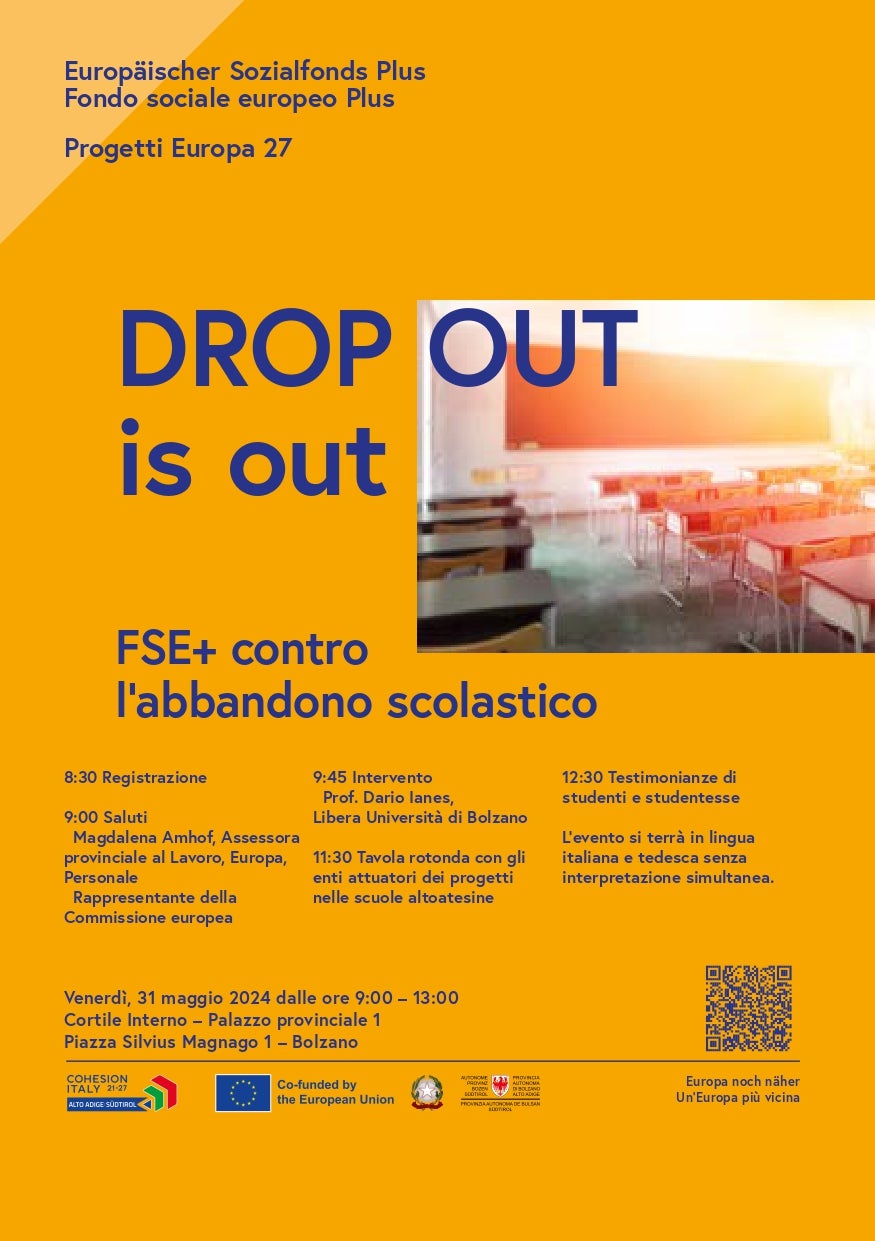 Venerdì 31 maggio si terrà nel cortile interno di Palazzo Widmann a Bolzano l’evento “Drop out is out” dedicato agli interventi contro la dispersione scolastica individuati all’interno del Programma FSE+ 2021-2027 (Foto: ASP/Ripartizione Europa)