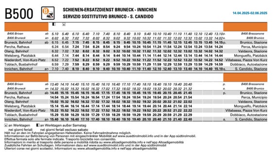 Gli orari dell'autobus sostitutivo Brunico-San Candido. (Fonte: USP/STA)