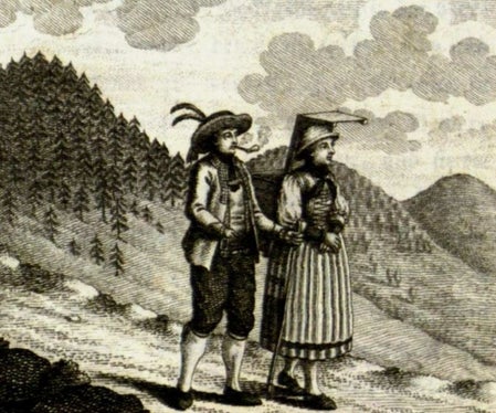 Una coppia in costume tirolese, illustrazione tratta da Uiber die Tiroler, trattato sulla popolazione tirolese dell’anno 1796 di Joseph Rohrer. (Foto: Euregio)