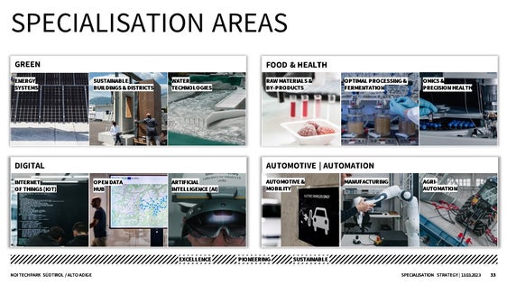 I responsabili del NOI, insieme ai rappresentanti della ricerca e dell'economia, hanno svelato le singole aree della strategia di specializzazione (Foto: NOI Techpark)