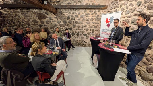 Alla degustazione, Tommaso Iori e Marco Odorizzi (in piedi da sinistra a destra) hanno abbinato le storie di vita di Alcide De Gasperi ai vini corrispondenti. (Foto: Euregio)