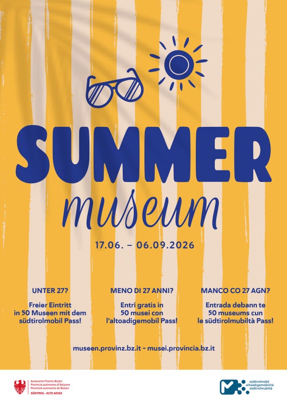 Con "Summer Museum", i giovani sotto i 27 anni in possesso di un altoadigemobilità Pass valido (o di un biglietto con il vecchio design abo+) possono visitare gratuitamente circa 50 musei, collezioni e sedi espositive. La campagna inizia all'inizio delle vacanze estive, il 17 giugno, e termina il 6 settembre. (Grafica: Ufficio Musei e ricerca museale)
