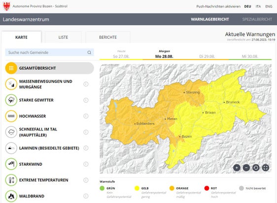 Il bollettino di allerta per domani, lunedì 28 agosto, mostra che il potenziale di pericolo per smottamenti, colate detritiche e inondazioni nella metà occidentale della provincia è in aumento. (Fonte: ASP/Centro funzionale della Provincia)