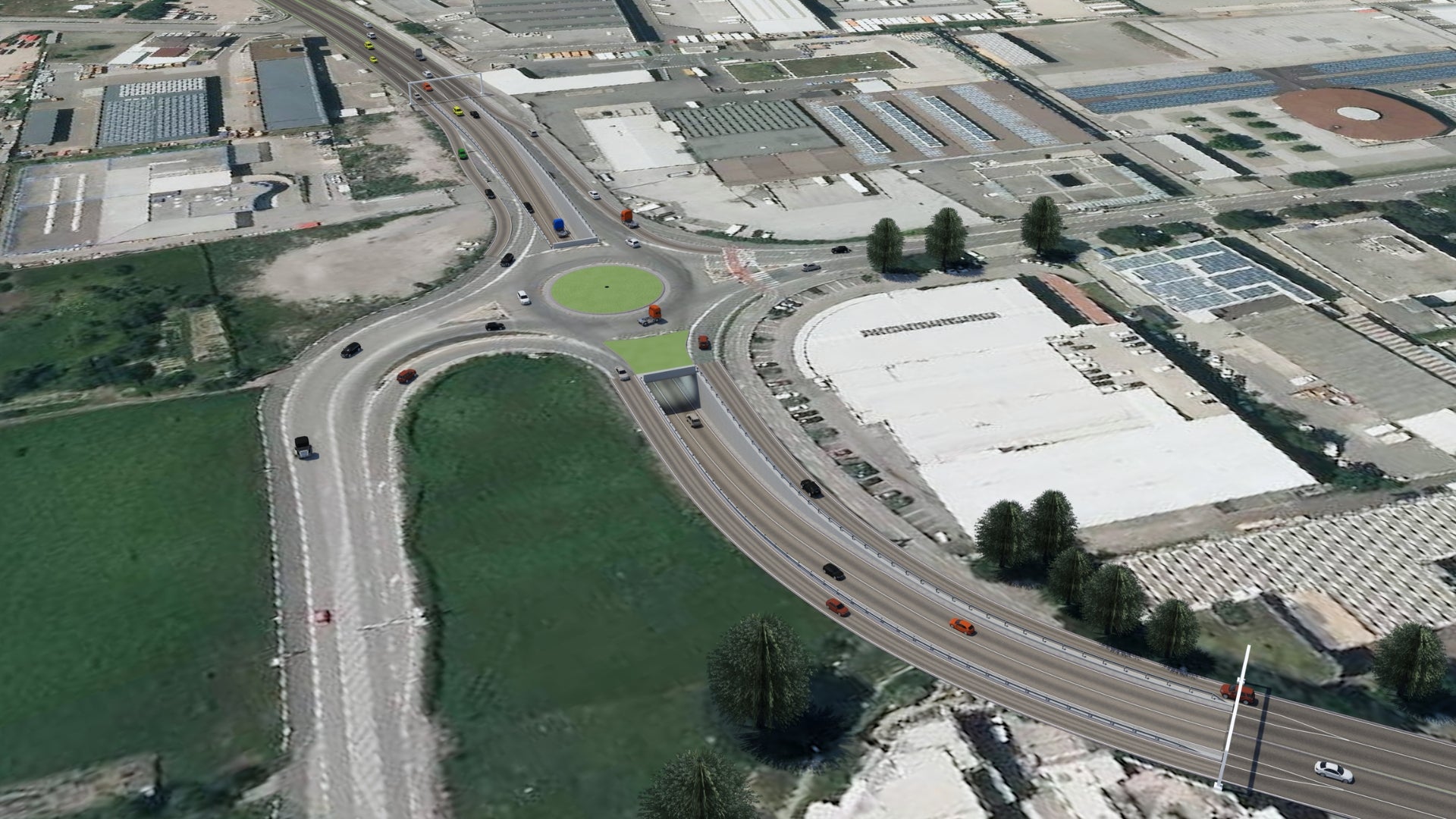 Il rendering del futuro sottopasso, che permetterà alla SS12 di scorrere senza interruzioni sotto l’attuale incrocio tra via Galvani, via Musy e via Einstein, e della rotatoria in superficie a servizio del traffico locale. (Foto: USP/Ripartizione Infrastrutture)