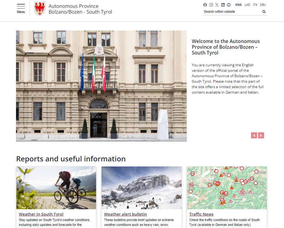 Die englischsprachige Startseite sammelt die Top-Themen der Südtiroler Landesverwaltung wie Autonomie, Wetter, Verkehr und Warnungen. (Foto: LPA)