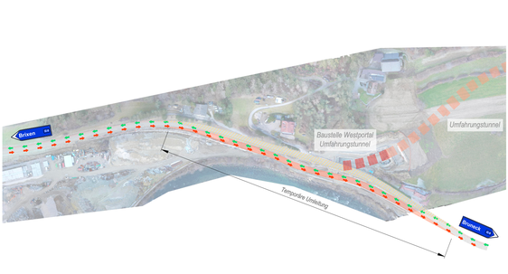 Dal 1. aprile al 30 settembre, il traffico lungo la strada statale della Val Pusteria (SS49), a ovest dell’ingresso dell’abitato di Chienes, sarà deviato su una strada provvisoria per consentire l’avanzamento dei lavori della circonvallazione: nell'immagine, lo schema del bypass. (Foto: USP/Dipartimento Infrastrutture e Mobilità)