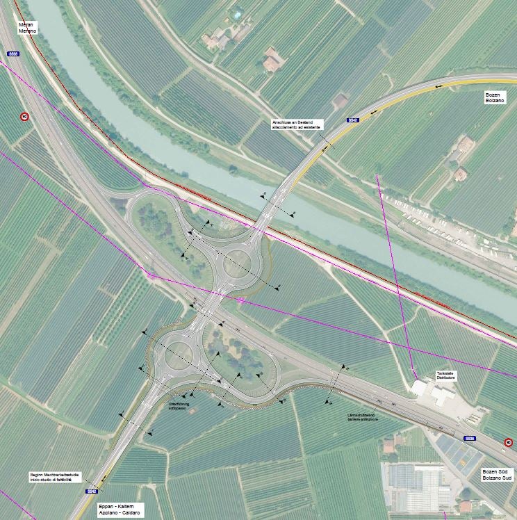 bozza per la costruzione del nodo stradale all'ingresso della MeBo, all'altezza dello svincolo per Appiano ( Foto: Dipartimento mobilità)
