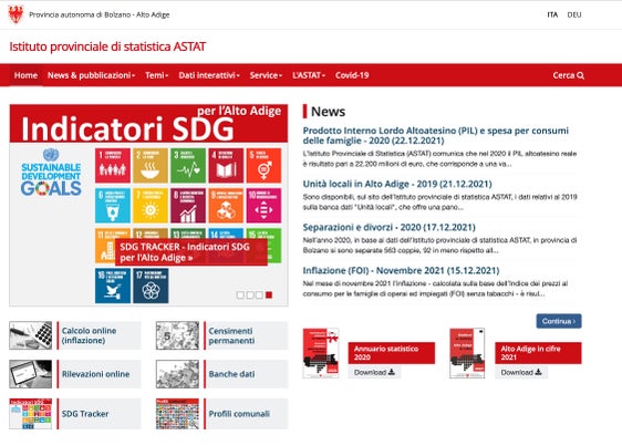 Sostenibilità e sociale sono i settori in cui l'ASTAT 2022 dedicherà maggiore attenzione. La foto mostra la pagina web dell'Istituto provinciale di statistica.