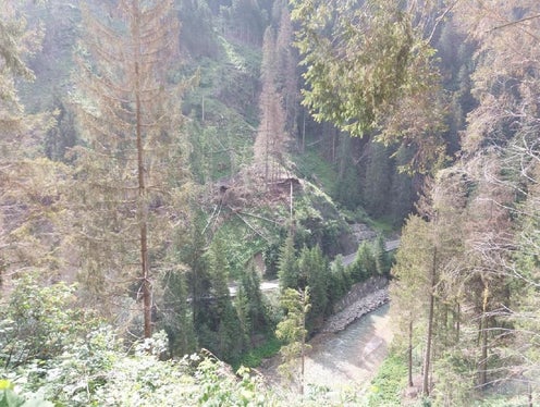 Al km 11 della SS244 della Val Badia si prevede d'intervenire con la costruzione di una rete protettiva per una lunghezza di circa 250 metri (Foto: Ufficio tecnico strade Nord-Est)