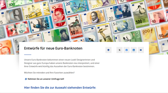 Sul sito web della Banca Centrale Europea (BCE) è possibile votare il nuovo design delle banconote in euro fino al 21 settembre. L’assessora provinciale all'Europa Magdalena Amhof invita a cogliere questa opportunità e a partecipare attivamente al "restyling" della moneta dell’UE. (Foto: USP)
