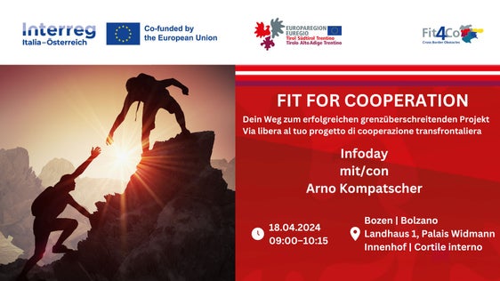 La presentazione di “Fit4Co” si terrà giovedì 18 aprile 2024 dalle ore 9.00 alle ore 10.30 nel cortile interno di Palazzo Widmann in piazza Silvius Magnago 1, a Bolzano con un evento informativo che inizierà con i saluti del presidente dell'Euregio e della Provincia autonoma di Bolzano Arno Kompatscher e dell’assessora a Europa, Lavoro e Personale Magdalena Amhof. (Foto: Euregio)