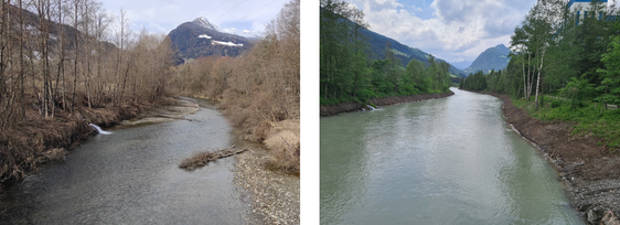 Nella zona produttiva di Casateia, nel Comune di Vipiteno, nel letto del Rio Mareta negli anni scorsi si erano accumulate grosse quantità di detriti, conseguenza di diversi eventi meteorologici estremi (a sinistra), il letto è stato adesso liberato (a destra). (Foto: ASP/Ufficio sistemazione bacini montani Nord)