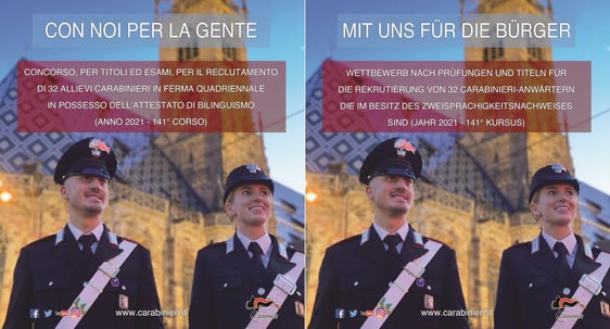 Junge Frauen und Männer (17 bis 26 Jahre) mit Zweisprachigkeitsnachweis B1 können sich bis 20. Jänner für die Ausbildung zum Carabinieri-Anwärter bewerben. (Foto: Carabinieri-Landeskommando)