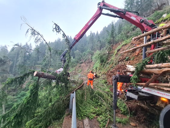 Das Unwetter, das am Dienstag auch über Südtirol hinweggefegt ist, hat eine Spur der Verwüstung hinterlassen. Im Bild sind Mitarbeitende des Straßendienstes bei Arbeiten entlang der Ultner Straße zu sehen. (Foto: LPA/Abteilung Straßendienst)