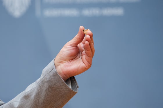 In segno di riconoscimento, pensionati e pensionate hanno ricevuto un attestato, una spilla d’oro con lo stemma della Provincia (nella foto) e un abbonamento annuale ai Musei provinciali e ai giardini di Castel Trauttmansdorff. (Foto: USP/Bernhard Aichner)