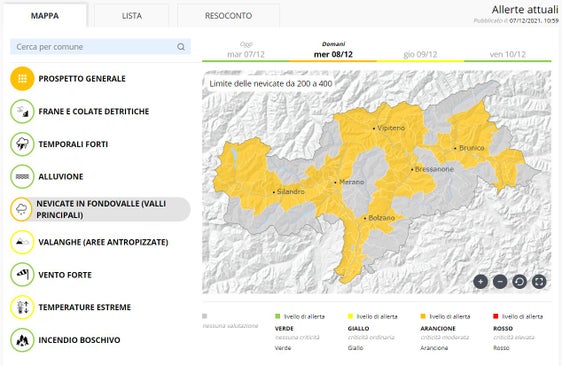 Il Centro di allerta provinciale  presso l'Agenzia per la protezione informa che domani (mercoledì 8 dicembre) sono previste nevicate nei fondovalle (Fonte: Rapporto situazione allerta del Centro provinciale presso l'Agenzia per la Protezione Civile) 