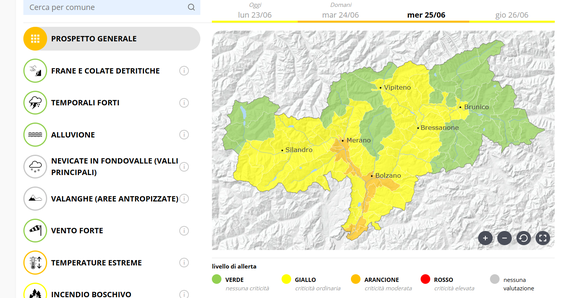 Per mercoledì 25 giugno, il livello di allerta è arancione a causa del persistere di temperature estreme nell'area indicata. (Fonte: Centro Funzionale provinciale)
