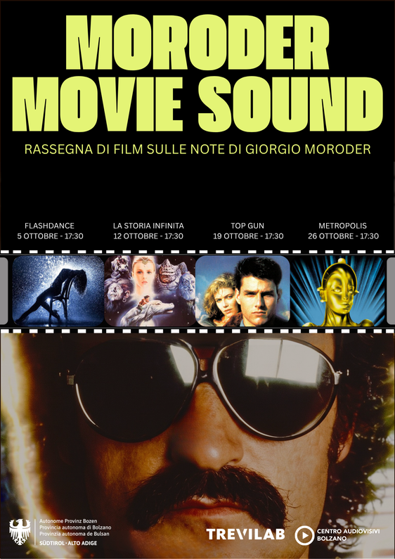 Das Plakat der Filmreihe "Moroder Movie Sound". (Foto: Zentrum für Audiovisuelle Medien Bozen/Amt für Weiterbildung, Bibliotheken und audiovisuelle Medien)