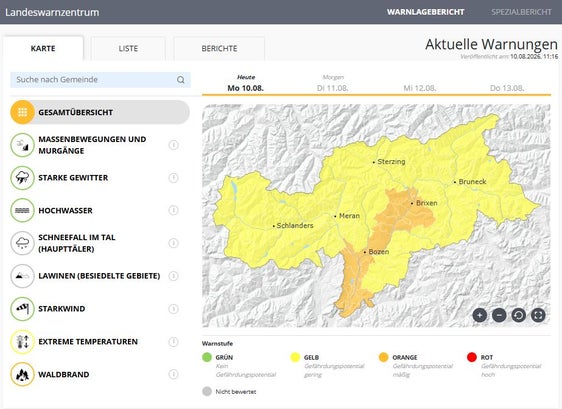 Für den 10. August und die folgenden drei Tage gilt im Überetsch und Unterland und Eisacktal bis Brixen und nachfolgend etwas darüber hinaus die zweithöchste Warnstufe Orange. (Foto: LPA/Landeswarnzentrum in der Agentur für Bevölkerungsschutz)
