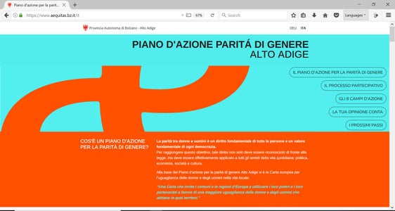 Nella foto la Homepage del sito Æquitas che va illustrare cosa prevede il Piano d'azione per la parità di genere in Alto Adige (Foto: ASP)