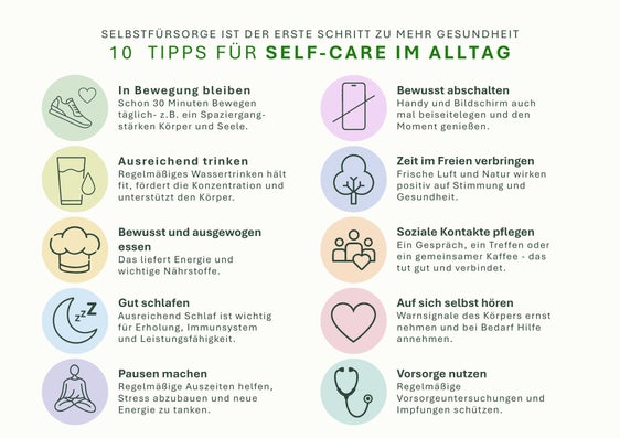 Für das Gesundheitsressort des Landes ist Self-Care ein wichtiger Baustein der Prävention und es lädt deshalb die Menschen ein, anlässlich des Self-Care Days die eigene Gesundheit bewusst in den Blick zu nehmen. Mehrere einfache Tipps sollen dabei helfen. (Grafik: LPA/Viktoria Huber)