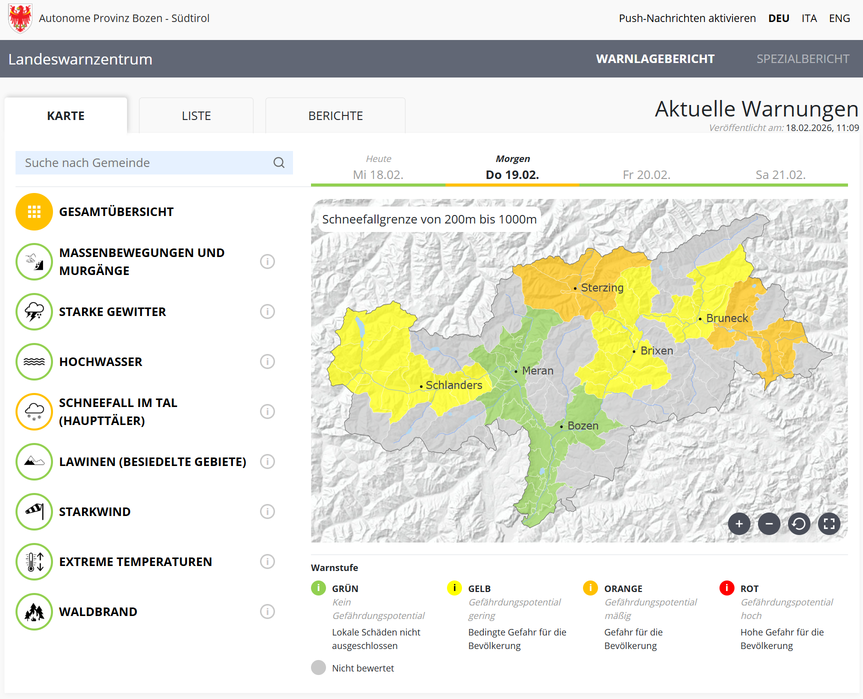 Im Hinblick auf Schneefall bis in die Tallagen weist der Warnlagebericht am Donnerstag, 19. Februar, im Norden und Osten Südtirols die zweithöchste Warnstufe Orange auf. (Warnlagebericht des Landeswarnzentrums in der Agentur für Bevölkerungsschutz)
