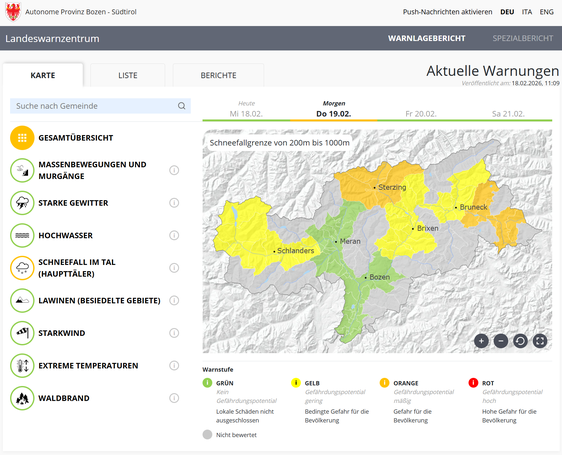 Im Hinblick auf Schneefall bis in die Tallagen weist der Warnlagebericht am Donnerstag, 19. Februar, im Norden und Osten Südtirols die zweithöchste Warnstufe Orange auf. (Warnlagebericht des Landeswarnzentrums in der Agentur für Bevölkerungsschutz)