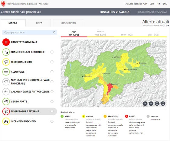 A causa del perdurare di questa situazione, il bollettino di allerta del Centro funzionale provinciale sarà al livello più alto, rosso, nei Comuni di Bolzano, Laives, Bronzolo e Vadena, mentre nel resto del territorio permane il secondo livello di allerta arancione. (Foto: Agenzia per la Protezione civile)