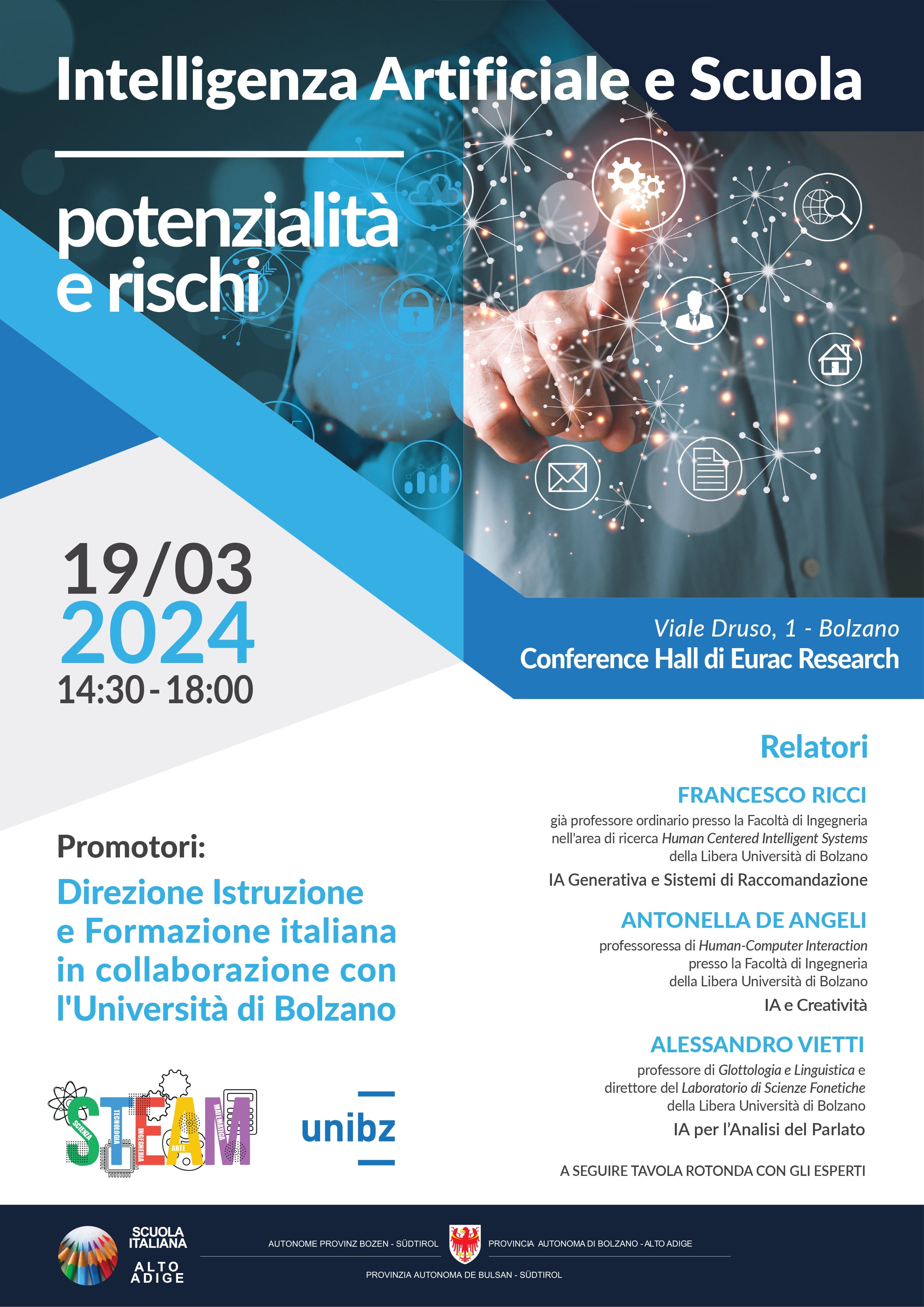 La Direzione Istruzione e Formazione italiana organizza, in collaborazione con l’Università di Bolzano, martedì (19 marzo) una conferenza all’Eurac su IA e scuola: potenzialità e rischi (Foto: ASP/Direzione Istruzione e Formazione italiana)