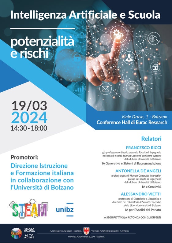 La Direzione Istruzione e Formazione italiana organizza, in collaborazione con l’Università di Bolzano, martedì (19 marzo) una conferenza all’Eurac su "IA e scuola: potenzialità e rischi" (Foto: ASP/Direzione Istruzione e Formazione italiana)