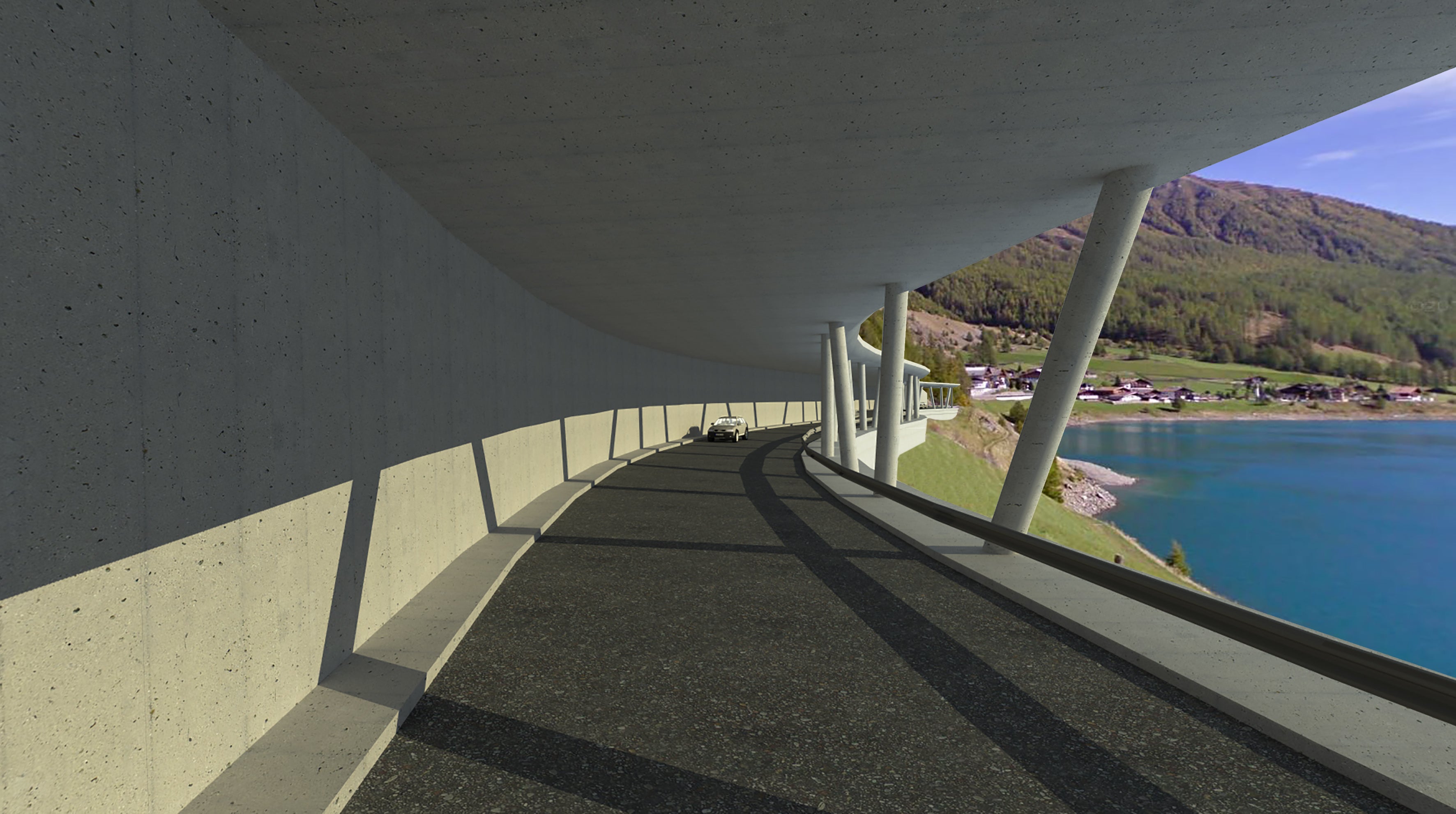 Il rendering della galleria paravalanghe prevista in Val Senales, nei pressi di Vernago. (Fonte: USP/Dipartimento Infrastrutture e Mobilità)