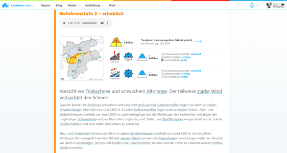 Descrizione di una zona con problemi valanghivi e descrizione del pericolo di valanghe, del manto nevoso e della tendenza (Grafico: Valanghe.Report)