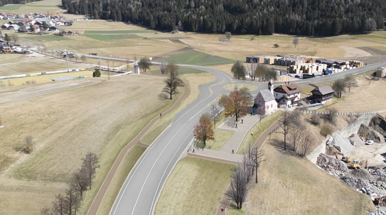 La rotatoria con bypass progettata all'incrocio della strada statale della Val Pusteria con la strada provinciale di Anterselva, che creerà uno spazio aperto e un punto di incontro per i cittadini presso la chiesetta esistente. (Rendering: Ripartizione provinciale Costruzioni)