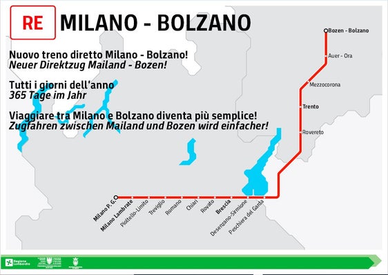 Der neue RegioExpress Mailand-Bozen&nbsp;und hält an strategisch wichtigen Bahnhöfen. (Foto: LPA)