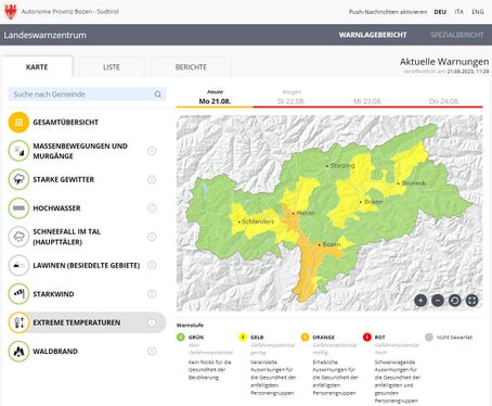 Die Temperaturen im Raum Bozen und Meran steigen weiter an und erreichen 36 bis 37 Grad. Daher gilt ab morgen die Warnstufe Rot. Eine Abkühlung ist erst ab dem Wochenende in Sicht. Im Bild der Warnlagebericht von heute, 21. August (Quelle: Warnlagebericht des Landeswarnzentrums in der Agentur für Bevölkerungsschutz)