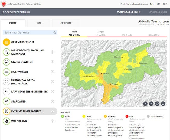 Die Temperaturen im Raum Bozen und Meran steigen weiter an und erreichen 36 bis 37 Grad. Daher gilt ab morgen die Warnstufe Rot. Eine Abkühlung ist erst ab dem Wochenende in Sicht. Im Bild der Warnlagebericht von heute, 21. August (Quelle: Warnlagebericht des Landeswarnzentrums in der Agentur für Bevölkerungsschutz)