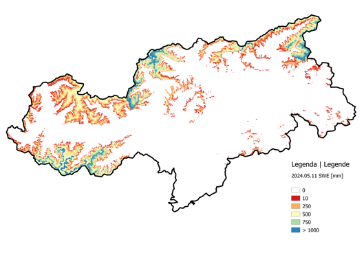 Karte der modellierten Schneewasseräquivalent-Rücklagen in Südtirol am 11. Mai dieses Jahres (Quelle: Landesamt für Hydrologie und Stauanlagen in  der Agentur für Bevölkerungsschutz)