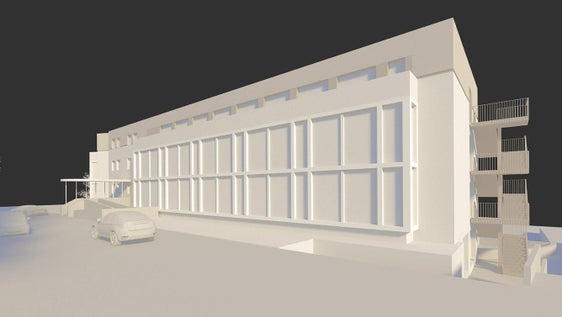 Das Modell des Gebäudes von der Innerhoferstraße in Meran aus gesehen. An den Gebäudelängsseiten werden Terrassen mit Blumenkästen eingerichtet. (Foto: LPA/Abteilung Hochbau)